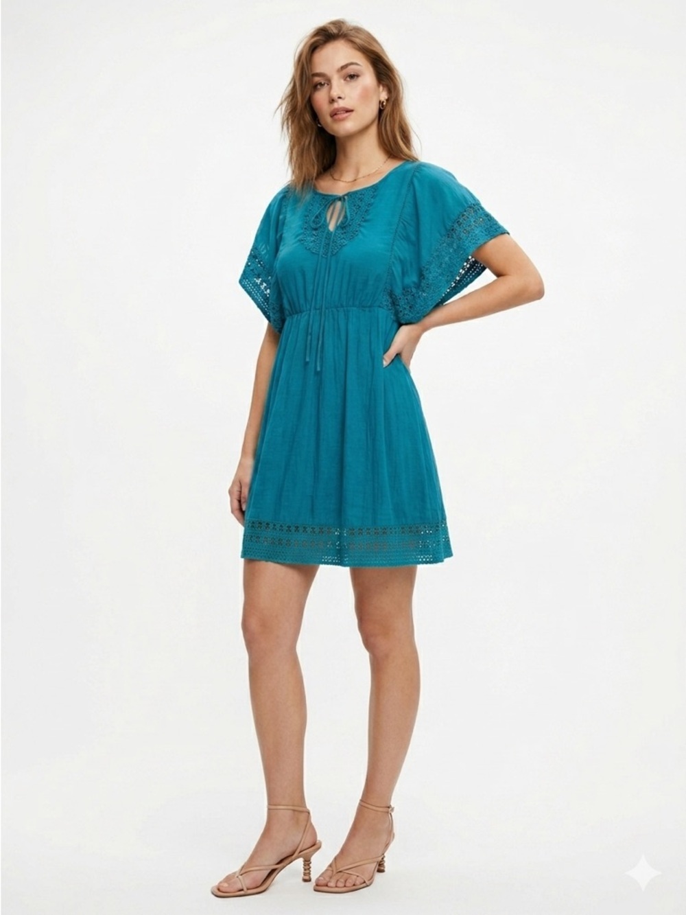 Anthropologie HD in Paris Stone Harbor Teal Silk Cotton Crochet Tunic Dress 2